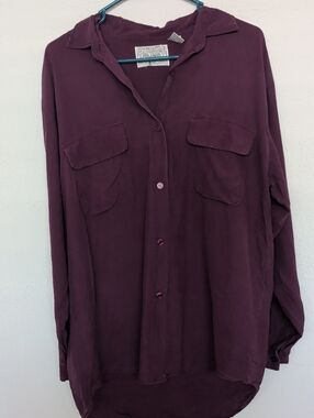 Long Sleeve Silk Button-Up Shirt - Wine